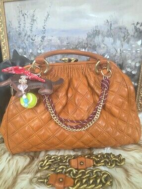 Auth Vintage Marc Jacobs Quilted Leather Satchel Handbag in Cognac / Orange.